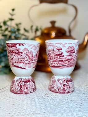 Vintage Red Transferware Egg Cups - Pair